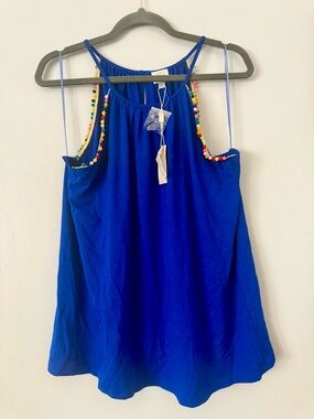 Cupio Cobalt Summer Brights Blue Spaghetti Strap Camisole with Pom-Pom Trim